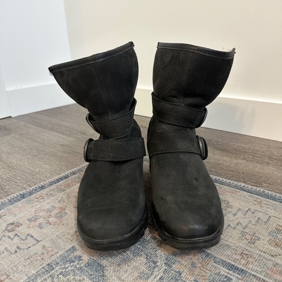 Sorel Black Leather Moto Sherling Lined Boot Sz 7.5 - Picture 2 of 5